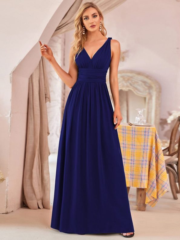 Pleated Sleeveless V-Neck Chiffon Maxi Dress - Royal Blue