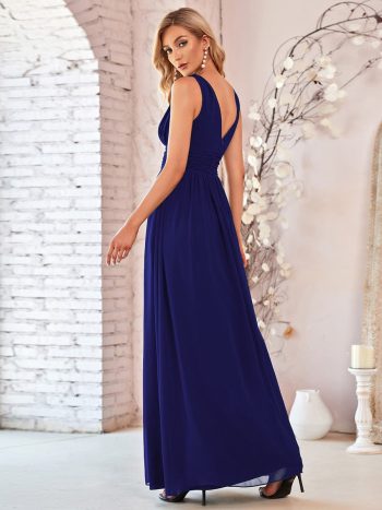 Pleated Sleeveless V-Neck Chiffon Maxi Dress - Royal Blue