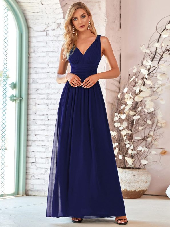 Pleated Sleeveless V-Neck Chiffon Maxi Dress - Royal Blue