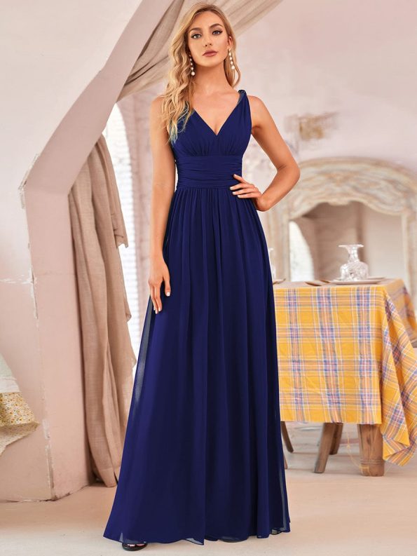 Pleated Sleeveless V-Neck Chiffon Maxi Dress - Royal Blue