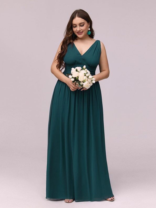 Pleated Sleeveless V-Neck Chiffon Maxi Dress - Teal