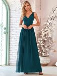 Pleated Sleeveless V-Neck Chiffon Maxi Dress - Teal