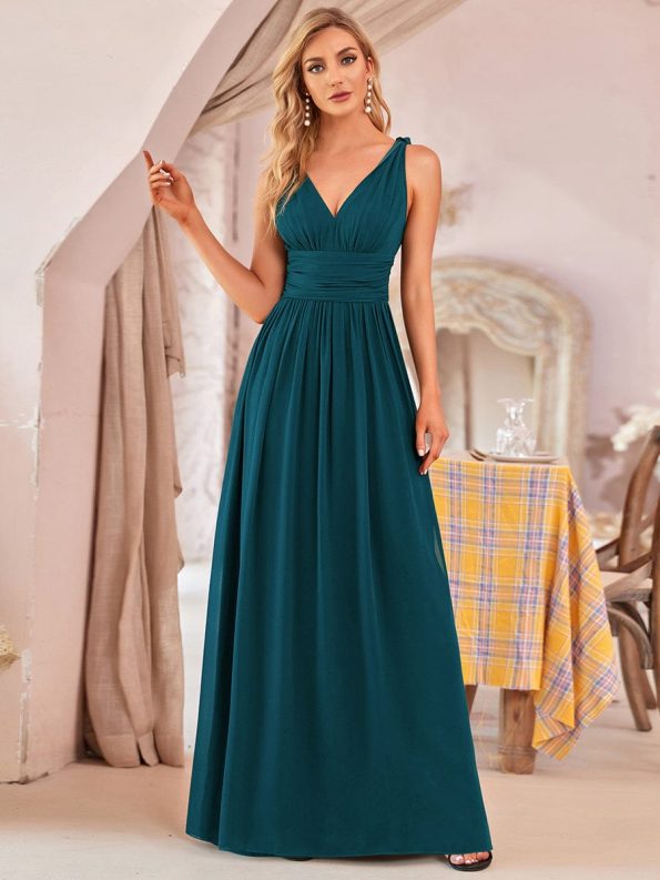 Pleated Sleeveless V-Neck Chiffon Maxi Dress - Teal