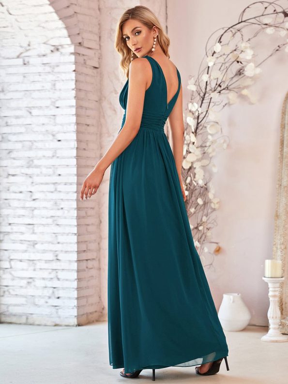 Pleated Sleeveless V-Neck Chiffon Maxi Dress - Teal