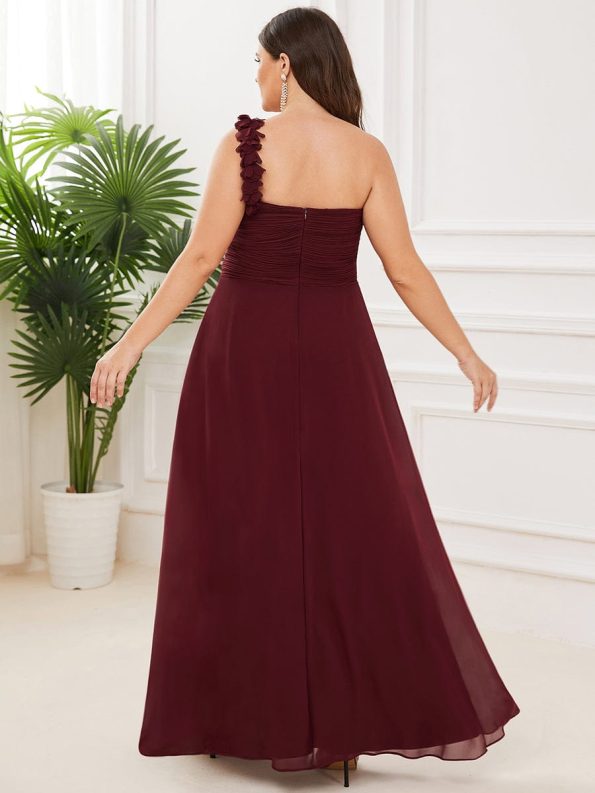 Sweet Pleated Bodice One Shoulder Chiffon Bridesmaid Dress - Burgundy