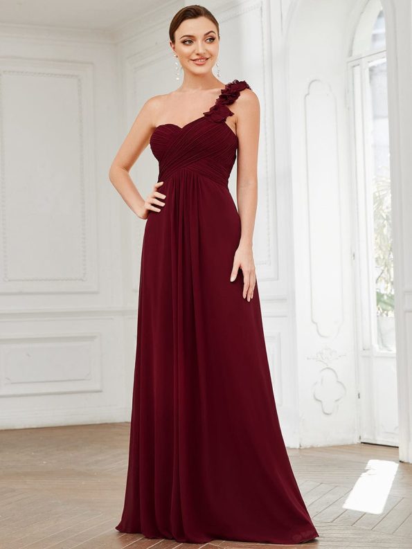 Sweet Pleated Bodice One Shoulder Chiffon Bridesmaid Dress - Burgundy