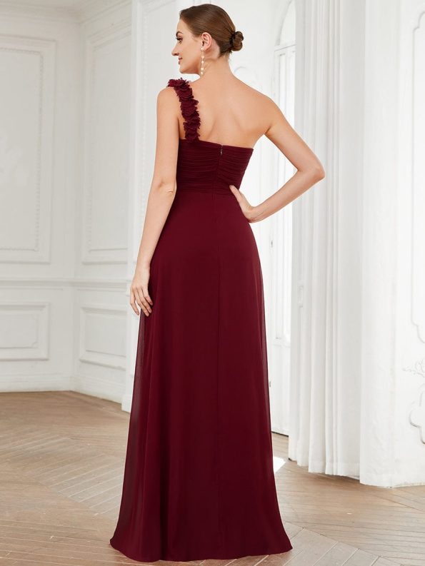 Sweet Pleated Bodice One Shoulder Chiffon Bridesmaid Dress - Burgundy