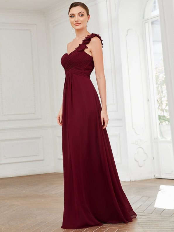 Sweet Pleated Bodice One Shoulder Chiffon Bridesmaid Dress - Burgundy