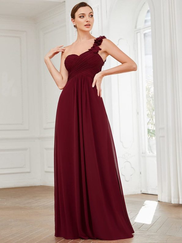 Sweet Pleated Bodice One Shoulder Chiffon Bridesmaid Dress - Burgundy