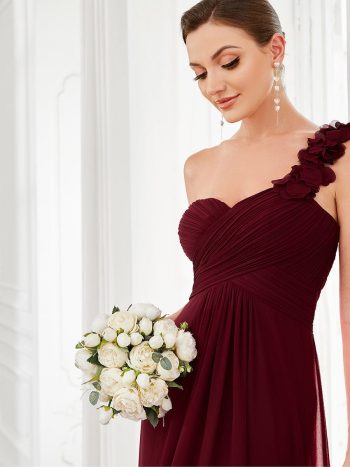 Sweet Pleated Bodice One Shoulder Chiffon Bridesmaid Dress - Burgundy