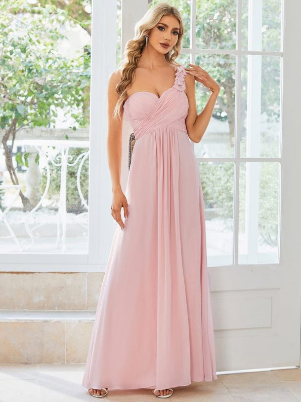 Sweet Pleated Bodice One Shoulder Chiffon Bridesmaid Dress - Pink