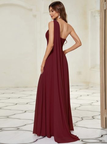 Pleated One Shoulder Long Chiffon Formal Evening Dress - Burgundy