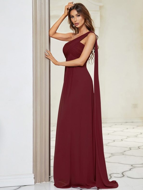 Pleated One Shoulder Long Chiffon Formal Evening Dress - Burgundy