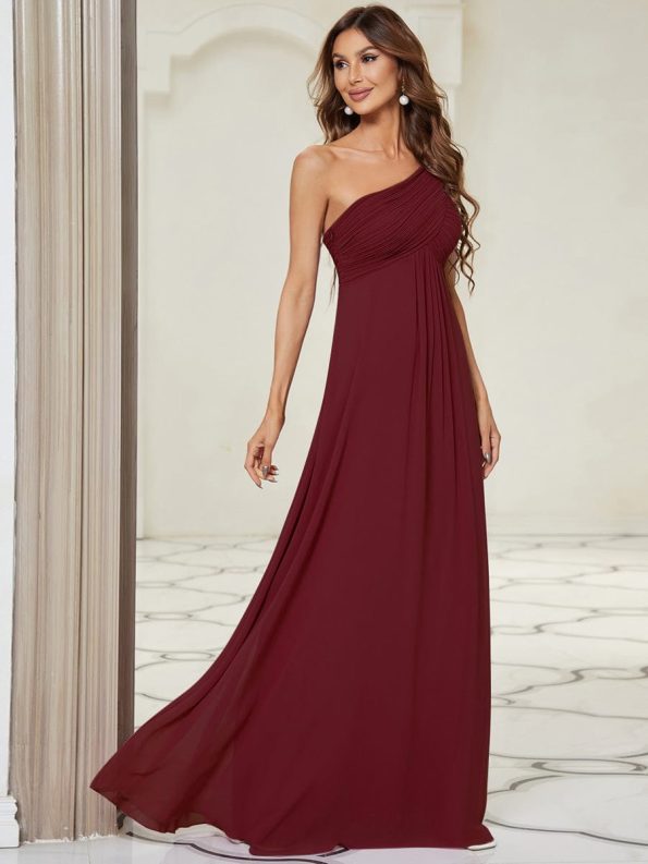 Pleated One Shoulder Long Chiffon Formal Evening Dress - Burgundy