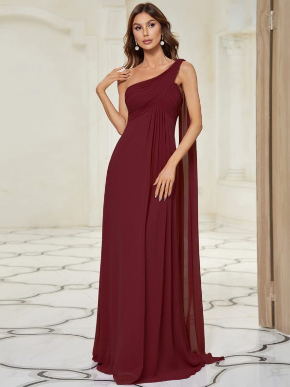 Pleated One Shoulder Long Chiffon Formal Evening Dress - Burgundy