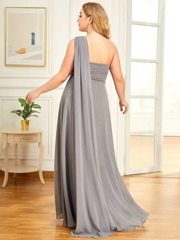 Pleated One Shoulder Long Chiffon Formal Evening Dress - Grey