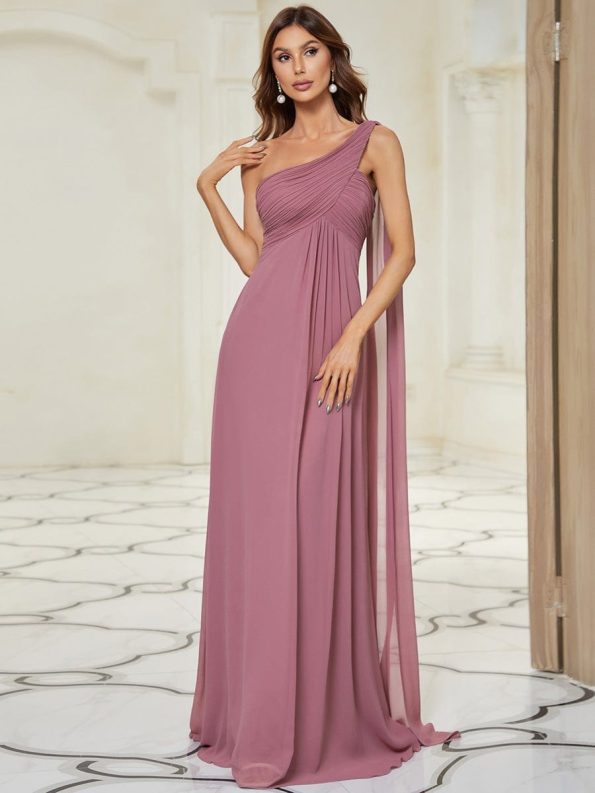 Pleated One Shoulder Long Chiffon Formal Evening Dress - Purple Orchid