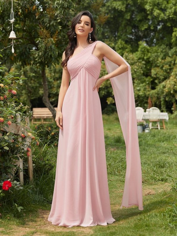 Pleated One Shoulder Long Chiffon Formal Evening Dress - Pink