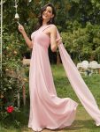 Pleated One Shoulder Long Chiffon Formal Evening Dress – Pink