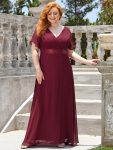 Long Chiffon Empire Waist Bridesmaid Dress with Short Flutter Sleeves – Burgundy