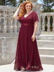 Long Chiffon Empire Waist Bridesmaid Dress with Short Flutter Sleeves – Burgundy