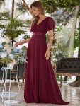 Long Chiffon Empire Waist Bridesmaid Dress with Short Flutter Sleeves – Burgundy