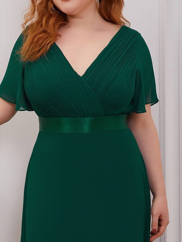 Long Chiffon Empire Waist Bridesmaid Dress with Short Flutter Sleeves - Dark Green