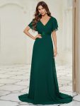 Long Chiffon Empire Waist Bridesmaid Dress with Short Flutter Sleeves – Dark Green