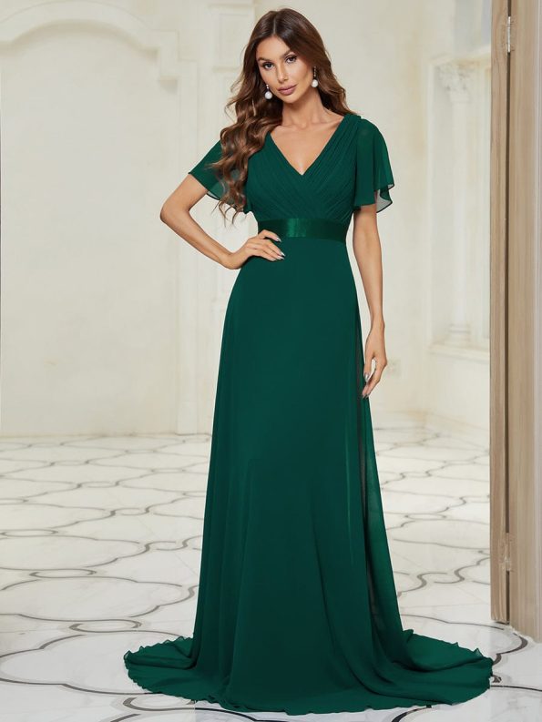 Long Chiffon Empire Waist Bridesmaid Dress with Short Flutter Sleeves - Dark Green