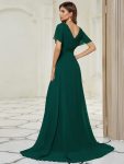 Long Chiffon Empire Waist Bridesmaid Dress with Short Flutter Sleeves – Dark Green