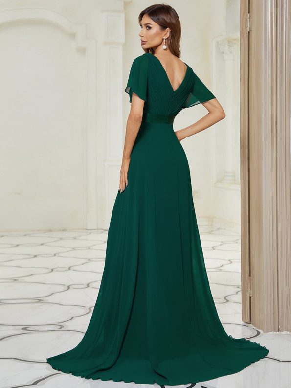 Long Chiffon Empire Waist Bridesmaid Dress with Short Flutter Sleeves - Dark Green