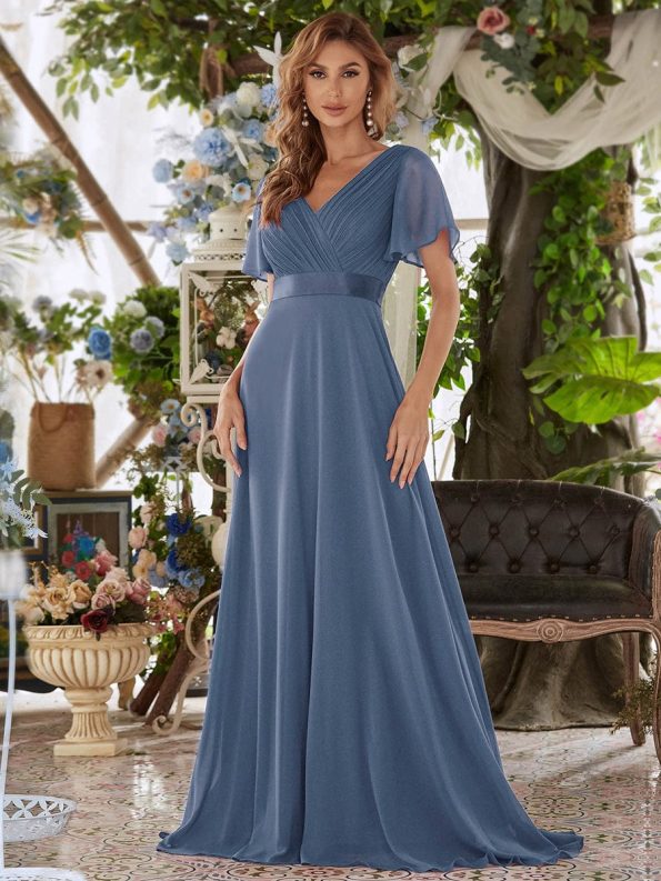 Long Chiffon Empire Waist Bridesmaid Dress with Short Flutter Sleeves - Dusty Navy