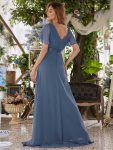 Long Chiffon Empire Waist Bridesmaid Dress with Short Flutter Sleeves – Dusty Navy