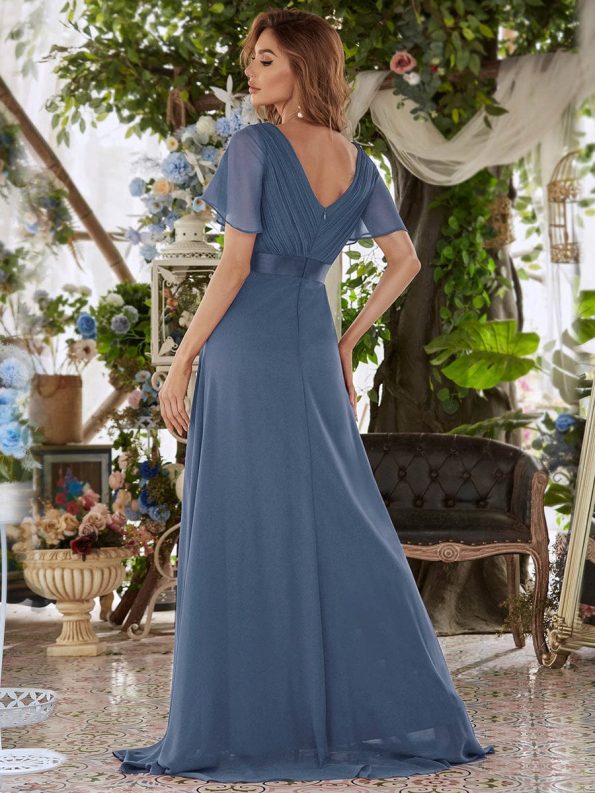 Long Chiffon Empire Waist Bridesmaid Dress with Short Flutter Sleeves - Dusty Navy