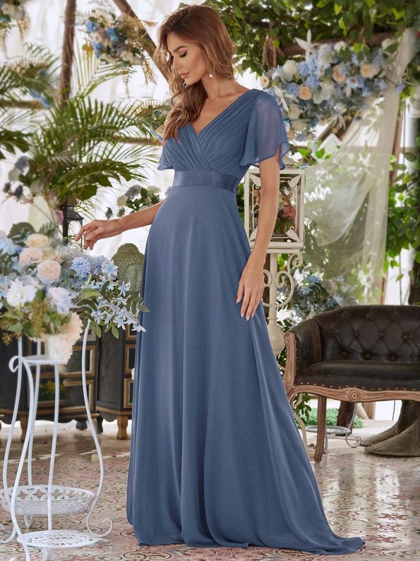 Long Chiffon Empire Waist Bridesmaid Dress with Short Flutter Sleeves - Dusty Navy