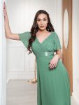 Long Chiffon Empire Waist Bridesmaid Dress with Short Flutter Sleeves – Green Bean