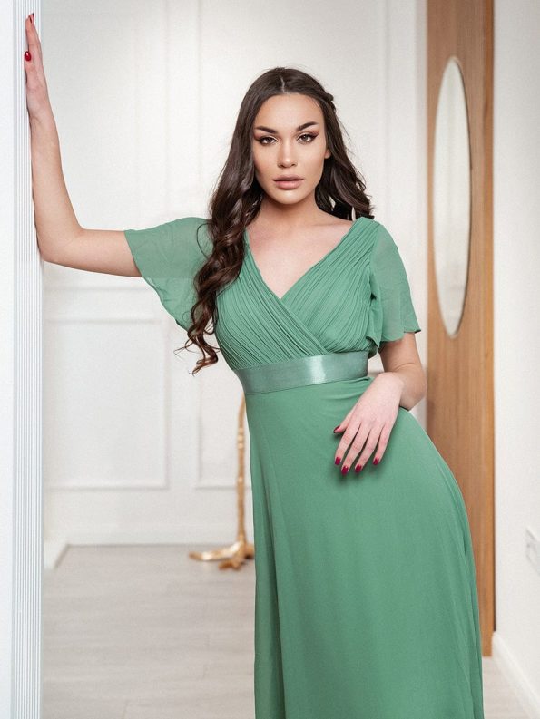 Long Chiffon Empire Waist Bridesmaid Dress with Short Flutter Sleeves - Green Bean