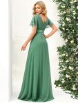 Long Chiffon Empire Waist Bridesmaid Dress with Short Flutter Sleeves – Green Bean