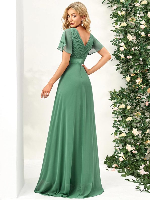 Long Chiffon Empire Waist Bridesmaid Dress with Short Flutter Sleeves - Green Bean