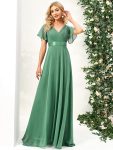 Long Chiffon Empire Waist Bridesmaid Dress with Short Flutter Sleeves – Green Bean