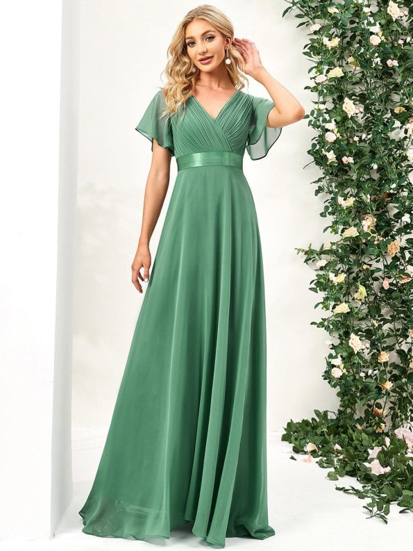 Long Chiffon Empire Waist Bridesmaid Dress with Short Flutter Sleeves - Green Bean