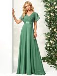 Long Chiffon Empire Waist Bridesmaid Dress with Short Flutter Sleeves – Green Bean