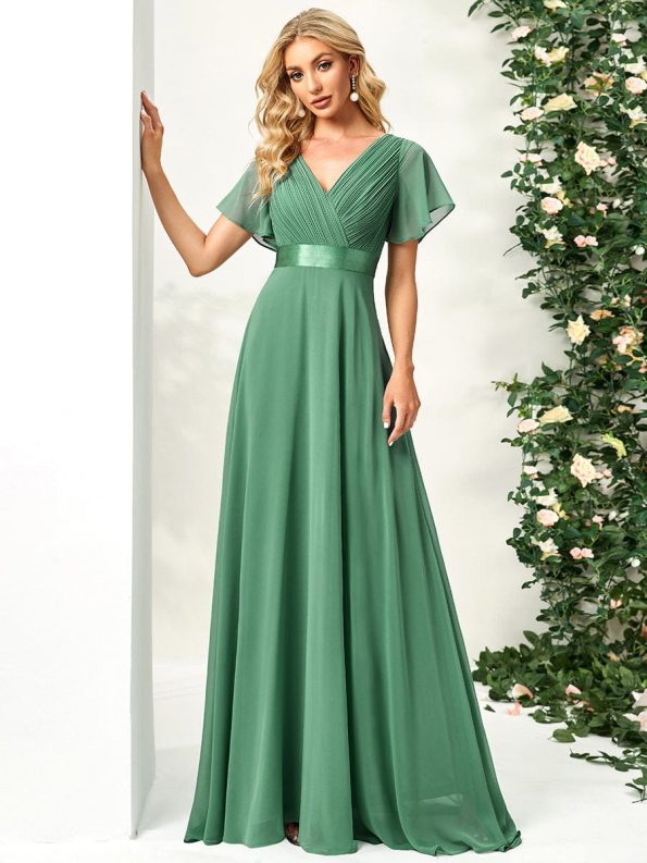 Long Chiffon Empire Waist Bridesmaid Dress with Short Flutter Sleeves - Green Bean