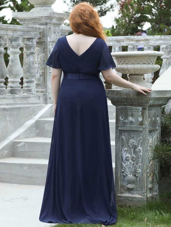 Long Chiffon Empire Waist Bridesmaid Dress with Short Flutter Sleeves - Navy Blue