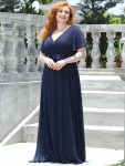 Long Chiffon Empire Waist Bridesmaid Dress with Short Flutter Sleeves – Navy Blue