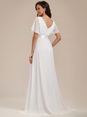 Long Chiffon Empire Waist Bridesmaid Dress with Short Flutter Sleeves - White