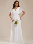 Long Chiffon Empire Waist Bridesmaid Dress with Short Flutter Sleeves – White