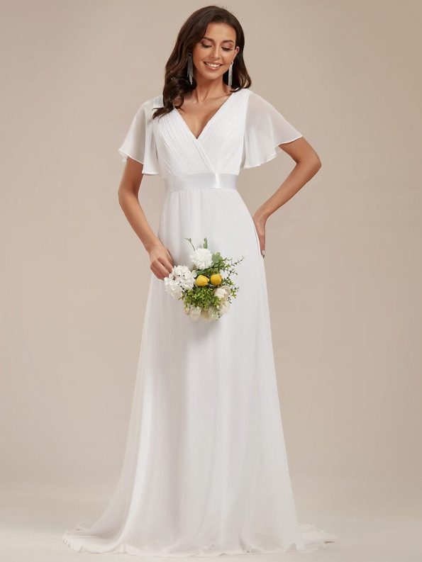 Long Chiffon Empire Waist Bridesmaid Dress with Short Flutter Sleeves - White