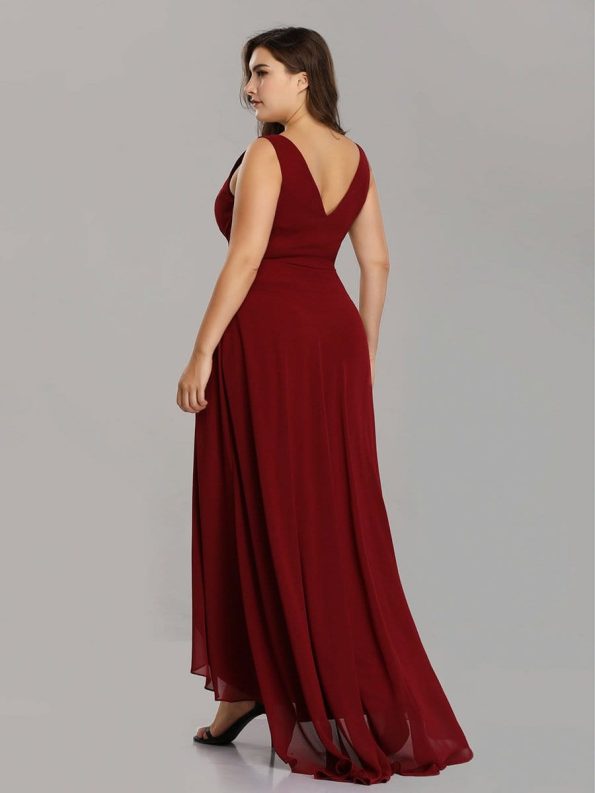 V-Neck High-Low Chiffon Evening Party Dress - Burgundy