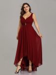 V-Neck High-Low Chiffon Evening Party Dress – Burgundy